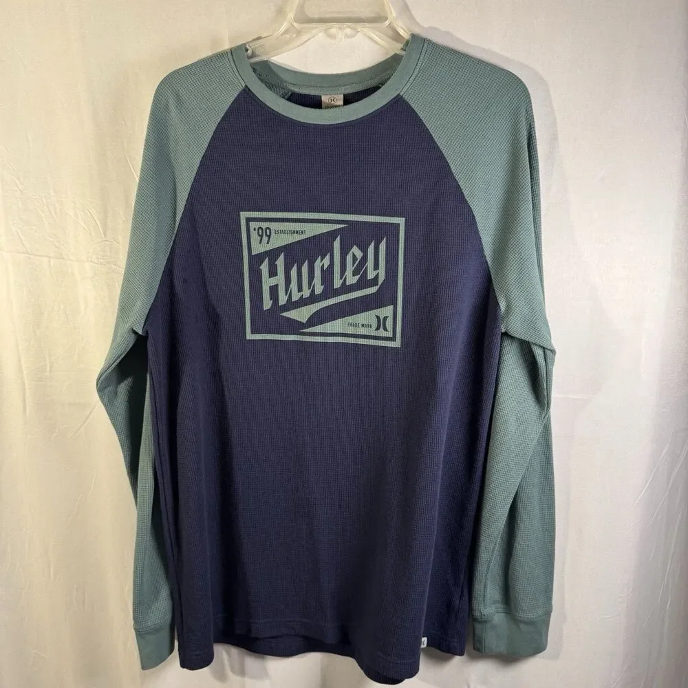 Hurley Mens Long Sleeve Raglan Waffle Knit Shirt Blue Green Graphic Tee Size L